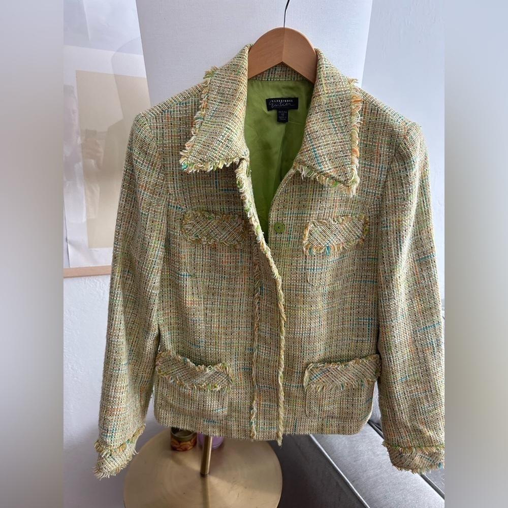 Tweed Green Yellow Blazer Metallic Preppy 90’s Fringes Y2K Size 12P Fall